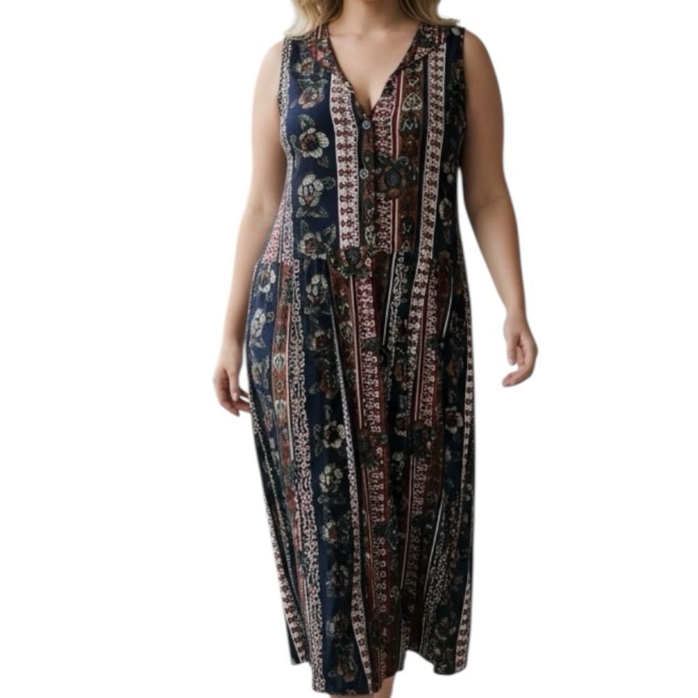 Center Aisle Navy/Rust Floral Abstract Sleeveless V-neck Boho Midi L